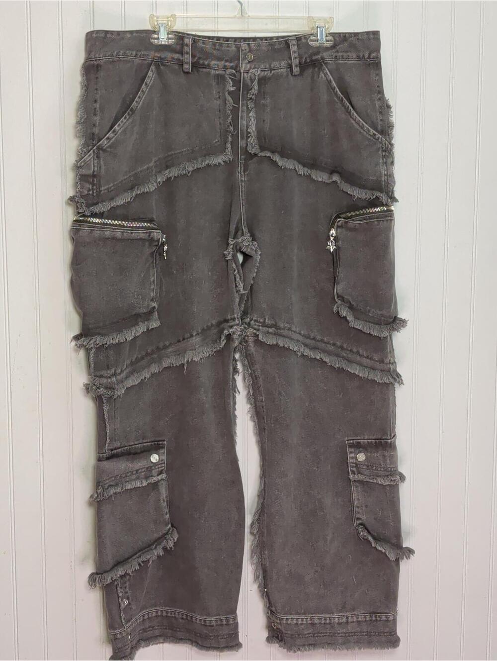 Foreign Resource Frayed Distressed Cargo Grey Y2K Grunge 36"